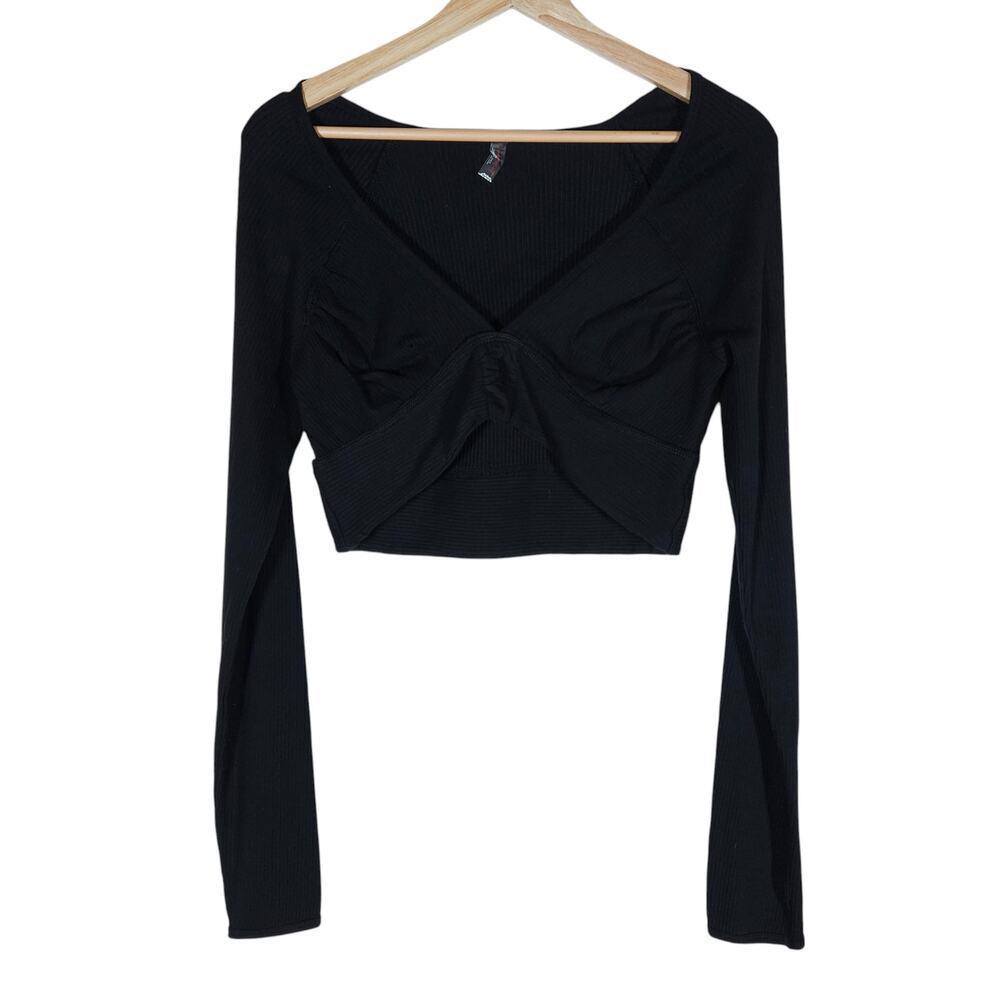 Free People Movement Womens Crop Top Medium Black Long Sleeve Edgy Street Chic